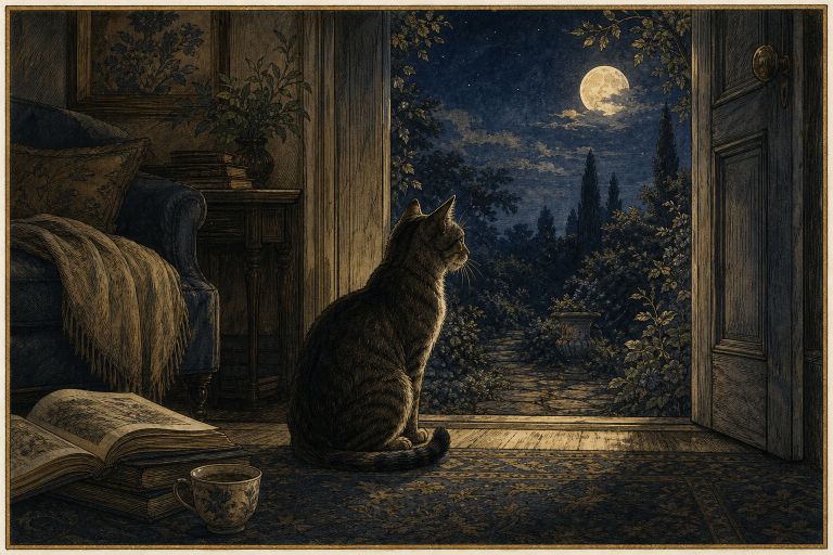 Cat dream meaning illustrated by a watchful cat at a moonlit doorway