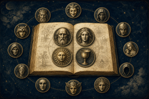 Twelve archetypal medallions surrounding an archival Jungian study
