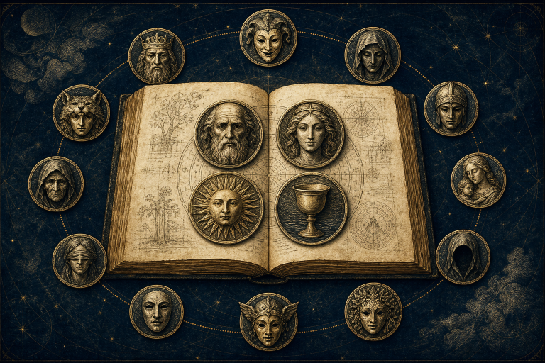Twelve archetypal medallions surrounding an archival Jungian study