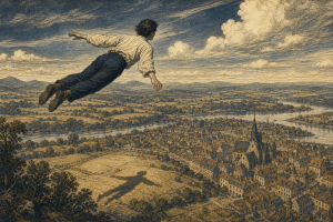 Flying dream meaning illustrated by a person gaining perspective above a familiar landscape