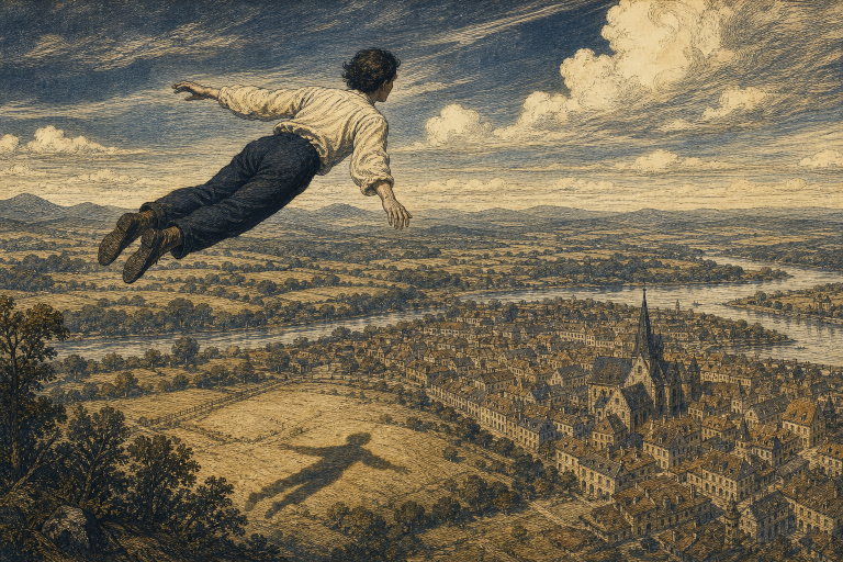 Flying dream meaning illustrated by a person gaining perspective above a familiar landscape