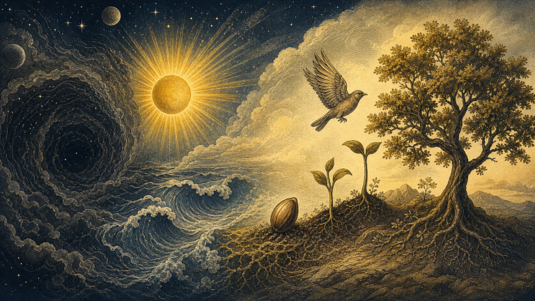Symbolic creation scene with sun, water, seed, bird, and growing tree