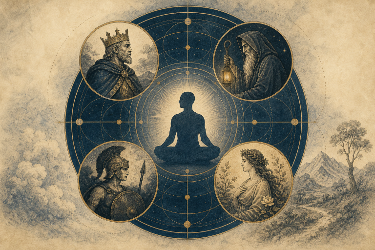 Jungian archetype assessment showing four symbolic patterns around a reflective center