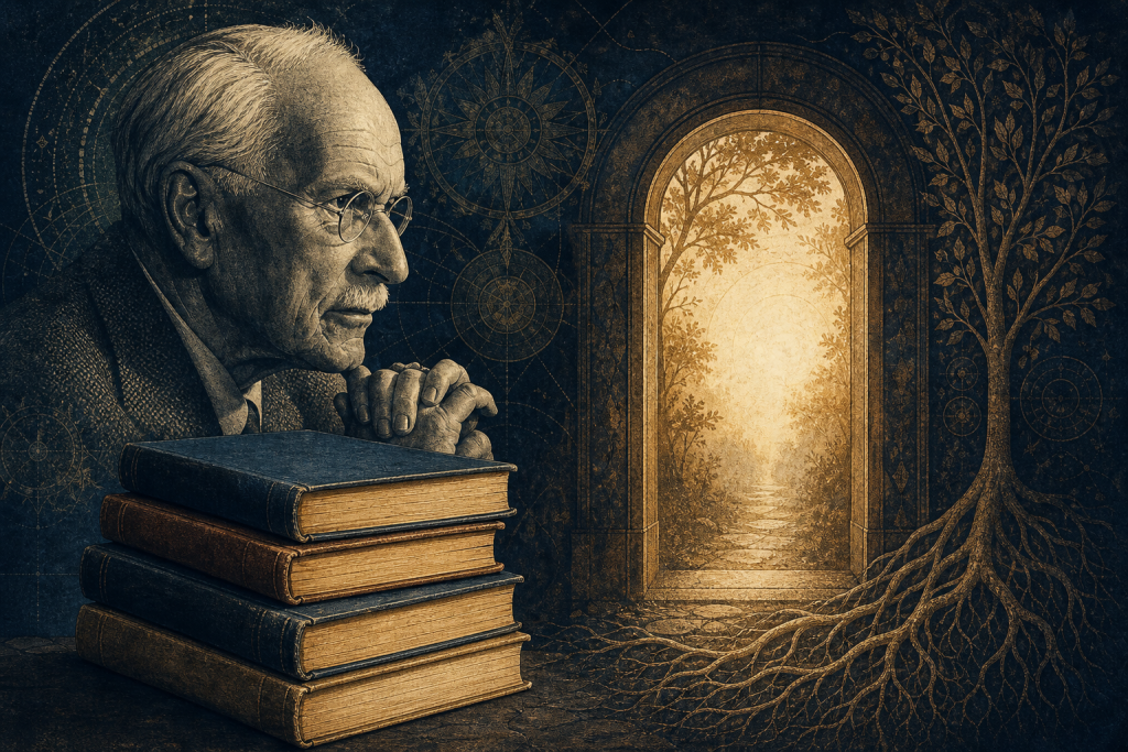 Man and His Symbols reading companion illustration with books roots and a doorway into Jungian psychology