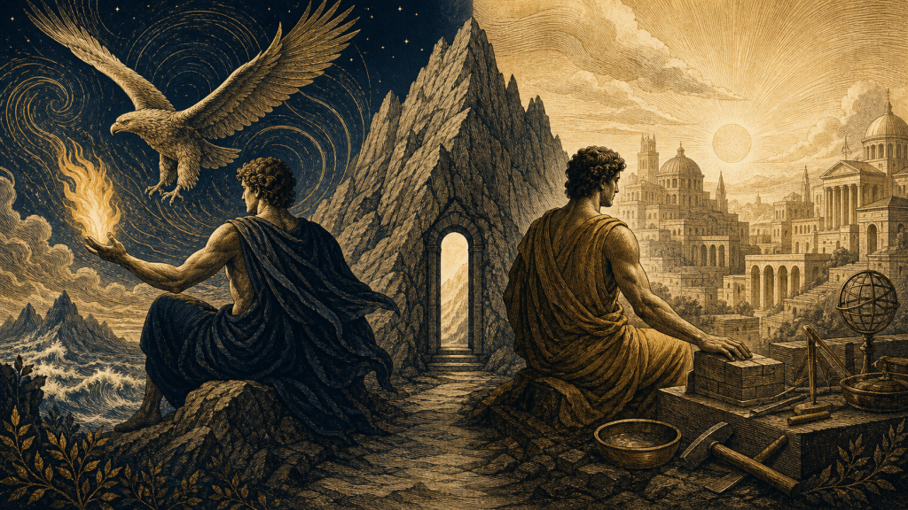 Contrasting mythic figures of Prometheus and Epimetheus divided by a mountain threshold