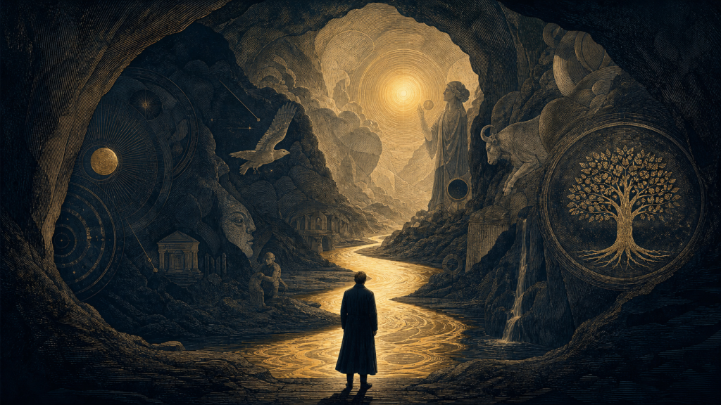Symbolic journey into the unconscious with a luminous river and mythic imagery