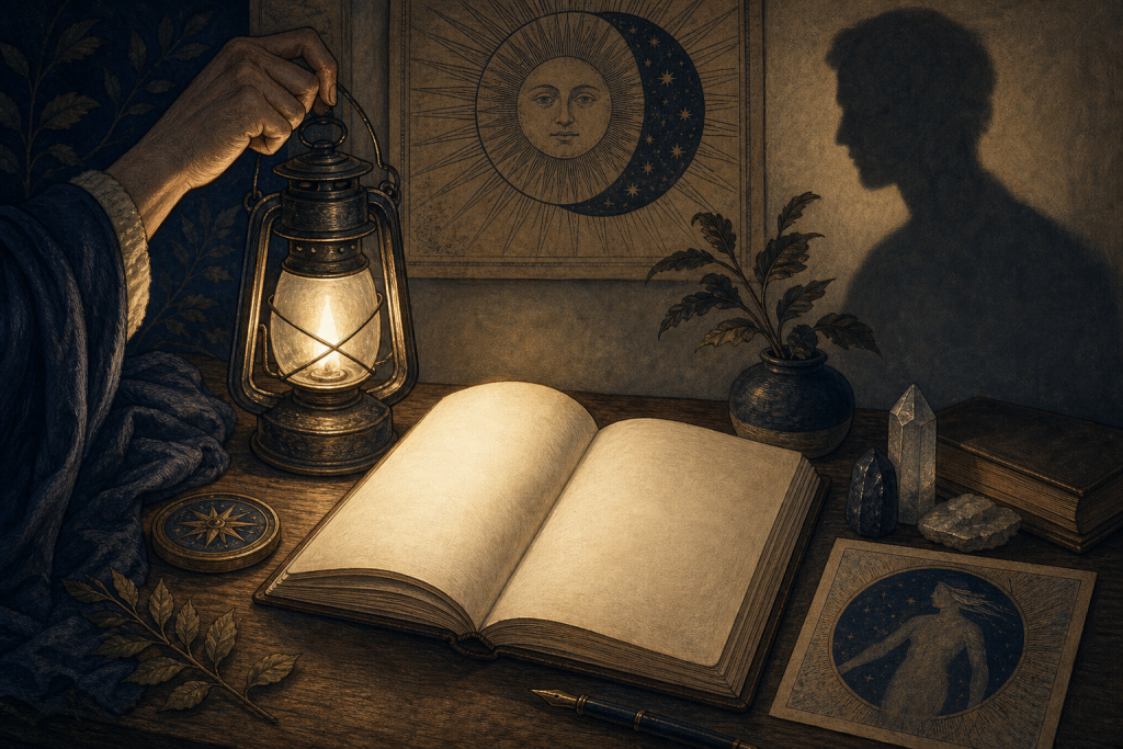 Shadow Work worksheets represented by an open journal illuminated by a lantern