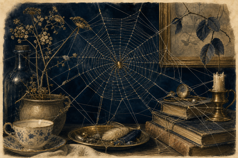 Spider dream meaning illustrated by an intricate web among ordinary household objects
