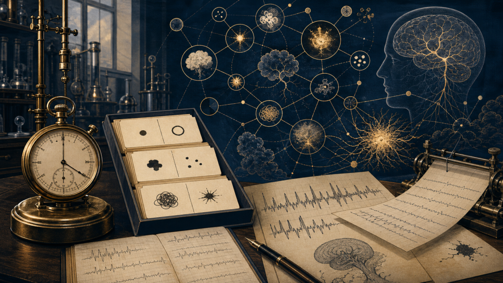 Early word-association laboratory with chronometer, response cards, and complex network