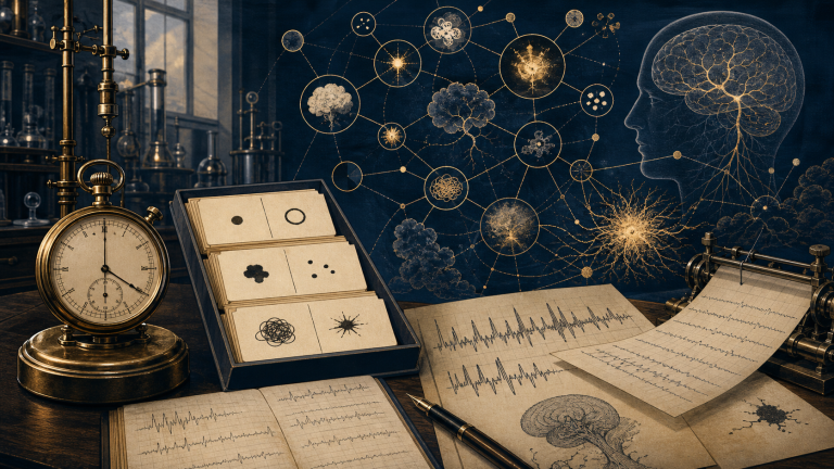 Early word-association laboratory with chronometer, response cards, and complex network