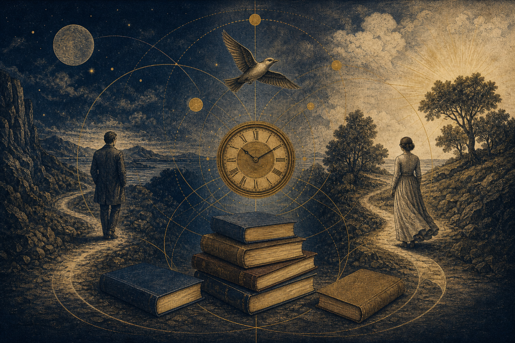 Synchronicity reading companion illustration of converging paths time and meaningful coincidence