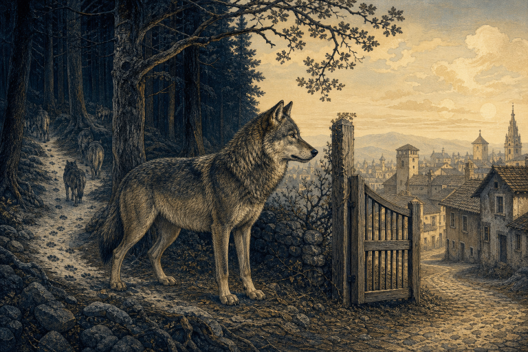 Wolf dream meaning illustrated at the boundary of instinct pack belonging and human settlement